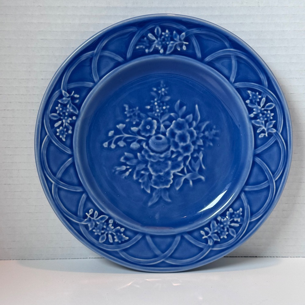 Bordallo Pinheiro Salad Plates Set of 4 Blue Floral Lattice Portugal 8.5"